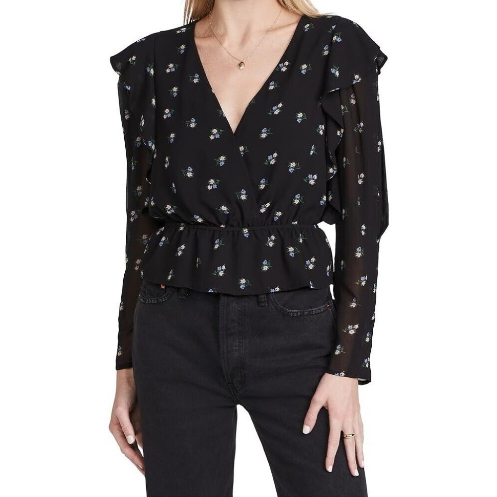 WAYF Women's Medium Misti Surplice Top Black Ditsy Long Sleeve NEW